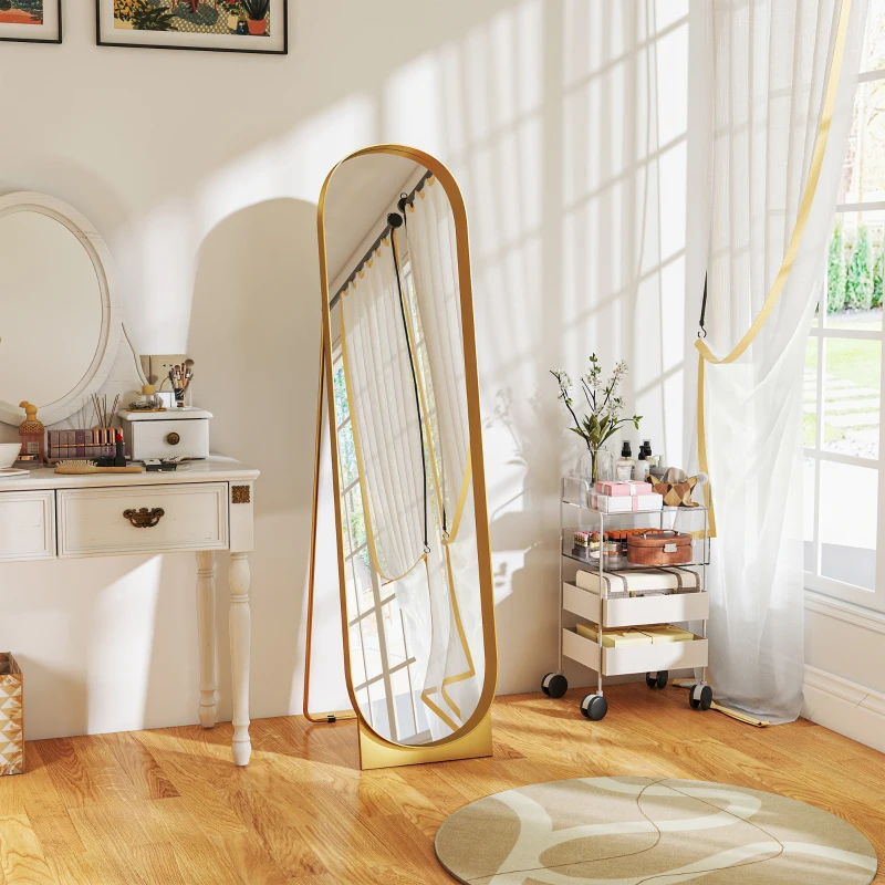 HOMCOM Arched standing mirror 40 x 160 cm metal frame and shatterproof film floor or wall-leaning mount gold