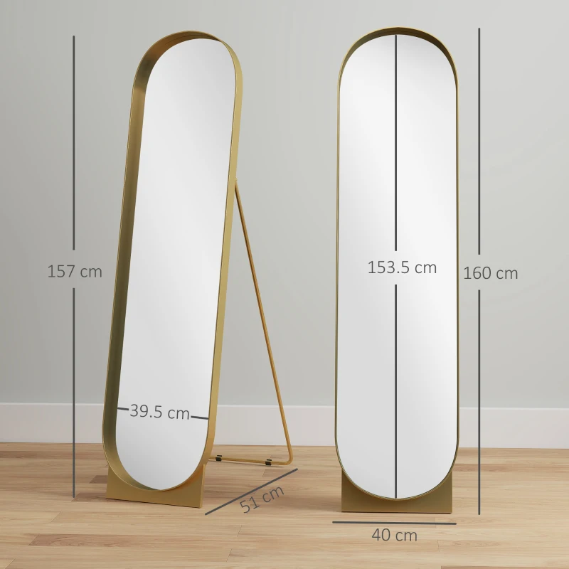 HOMCOM Arched standing mirror 40 x 160 cm metal frame and shatterproof film floor or wall-leaning mount gold