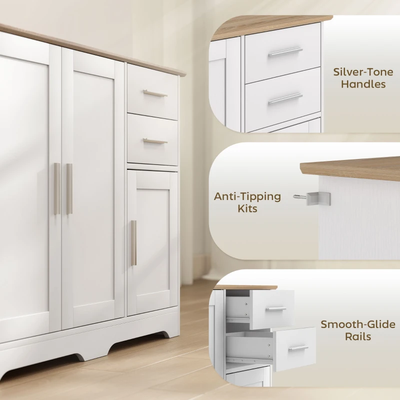 HOMCOM Comodă Modernă din Lemn cu 2 Sertare și 2 Dulapuri, 100x40x78 cm, Alb și Culoare Lemn