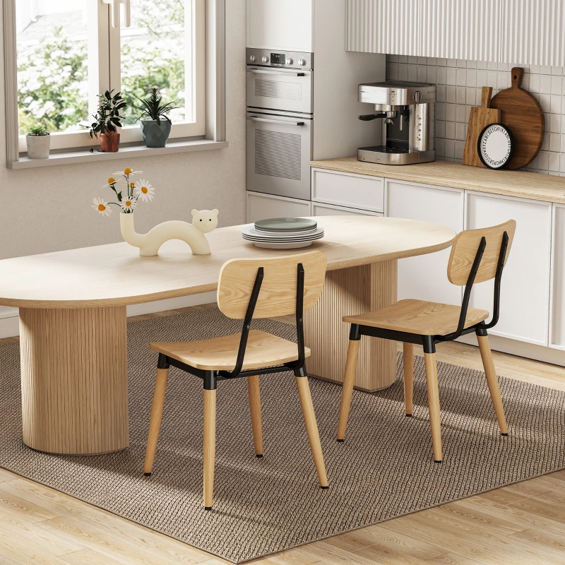 HOMCOM Set of 2 Modern Dining Chairs with Steel Legs and Curved Back, Natural Wood Effect