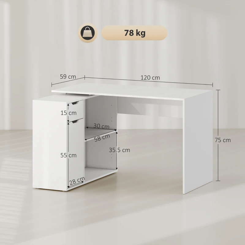HOMCOM Flexible desk, 2-tier cabinet, drawer, open shelves, wood, white
