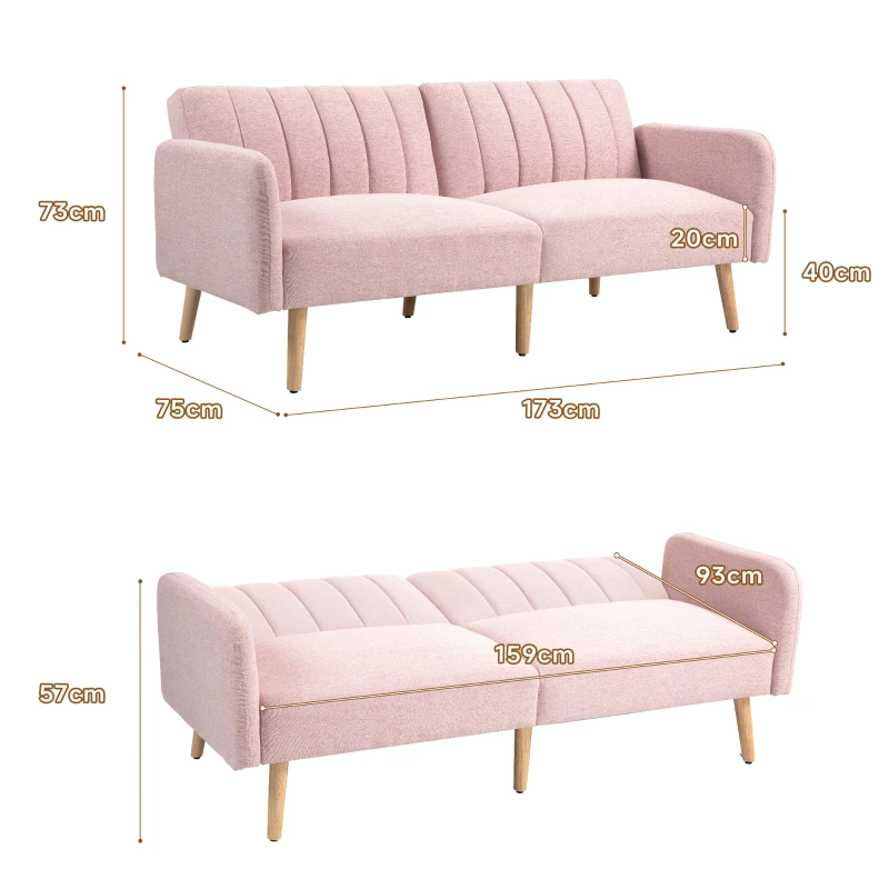 HOMCOM 2-Seater Convertible Sofa Scandinavian Design 3-Position Reclining Backrest Wood Legs Linen-Look Fabric Pink