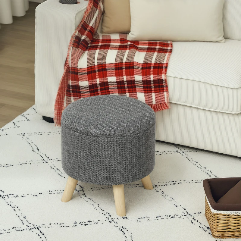 HOMCOM Round Ottoman Footstool with Storage Compartment and Wooden Legs, Modern Gray