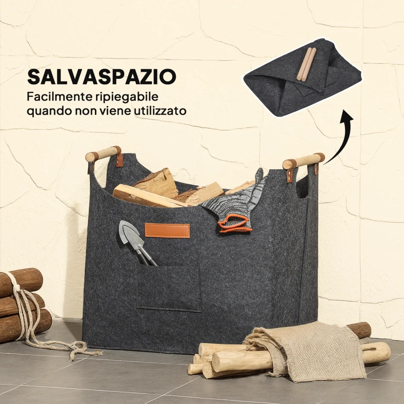 Outsunny Borsa in Feltro Portalegna da Interno con Manici in Legno, Capacità 15 kg, 45x32x40 cm, Grigio