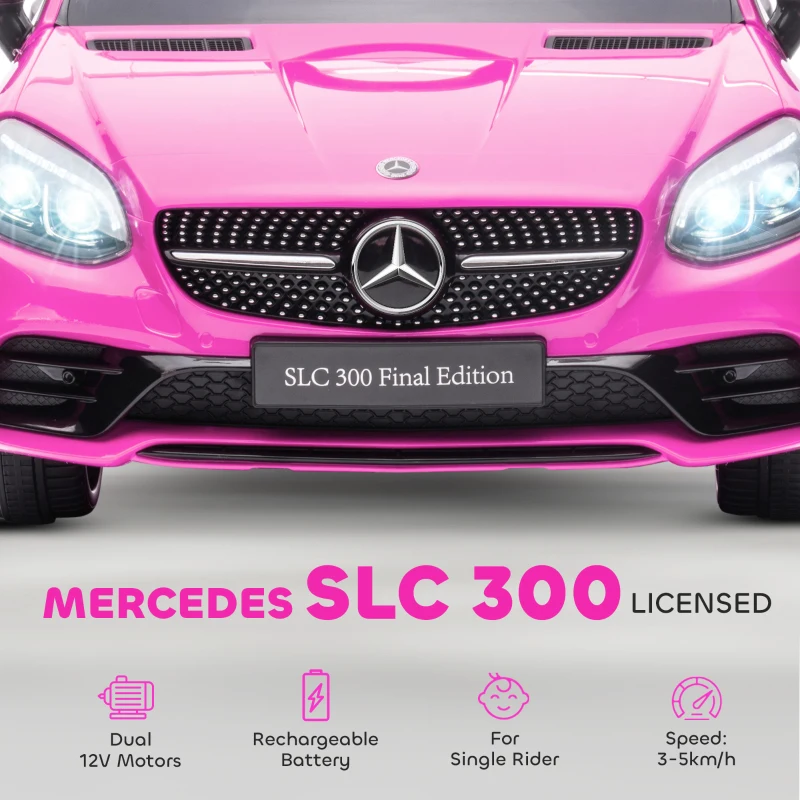 HOMCOM Benz SLC 300  Licensed 12V Kids Electric Ride On, with Music, Remote Control, LED Headlights, Horn, Pink