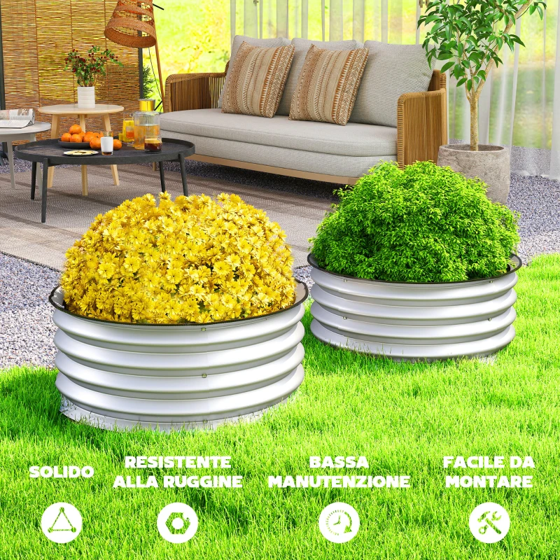 Outsunny Set di 2 Letti per Orto Rialzati in Acciaio Galvanizzato con Fondo Aperto, Ø60x30cm, Argento