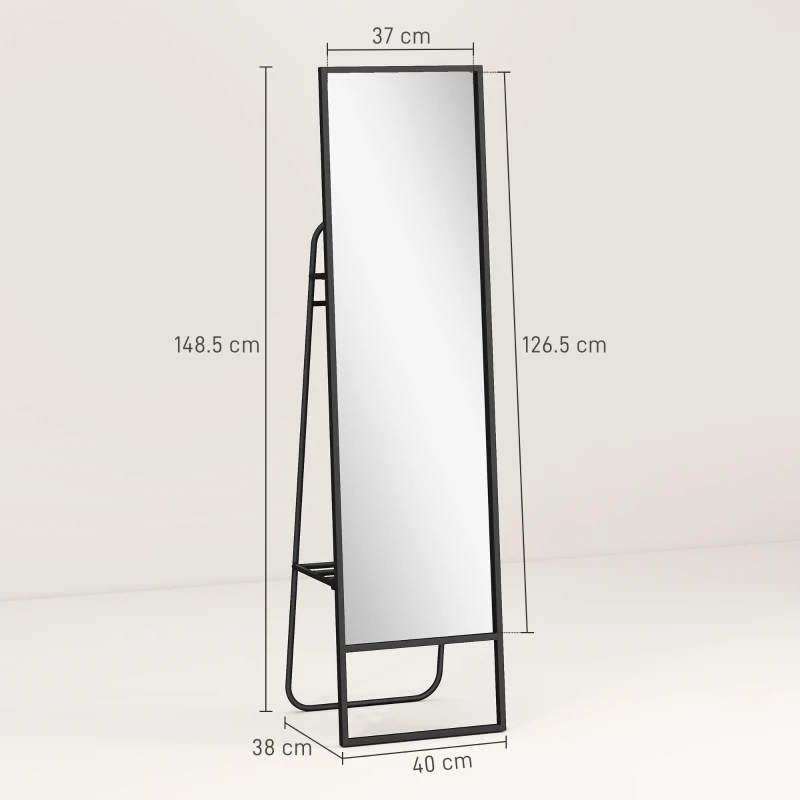 HOMCOM Freestanding Rectangular Mirror 148.5 x 40 cm with Rear Shelf, 2 Hooks and Metal Frame, Black