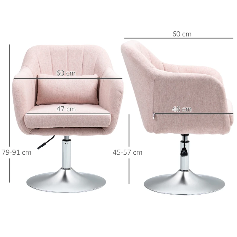 HOMCOM Living room armchair lumbar cushions height adjustable 360° swivel pink metal base