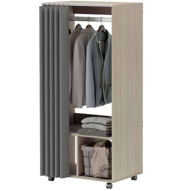 HOMCOM Armario perchero armario de almacenamiento móvil con cortina, barra de suspensión, 60 x 40 x 128 cm, efecto madera natural