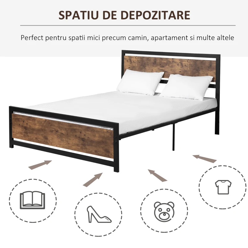 Homcom Cadru Pat 160×200 cm – Stil Industrial, Lemn & Otel