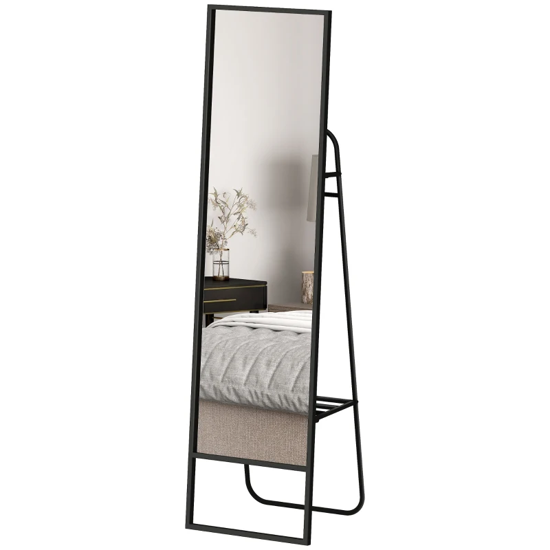 HOMCOM Freestanding Rectangular Mirror 148.5 x 40 cm with Rear Shelf, 2 Hooks and Metal Frame, Black