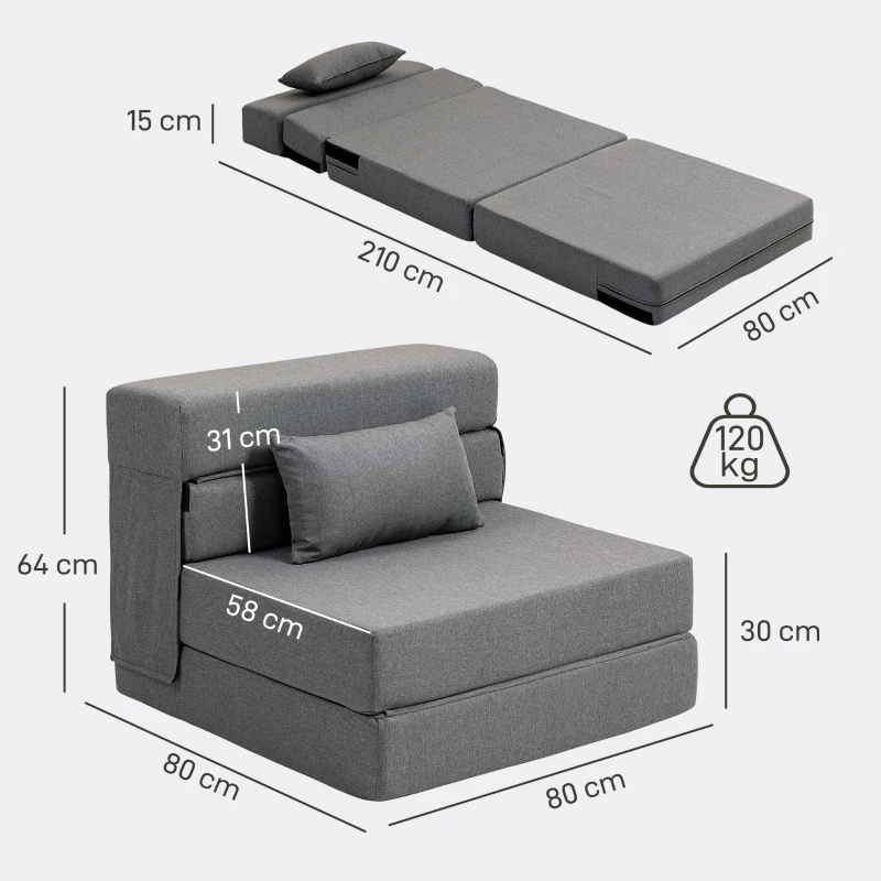 HOMCOM 1-Seater Convertible Chair Folding Sofa Bed, Cushion Included, for Guests, Living Room, Small Spaces, 120 kg Capacity, Gray