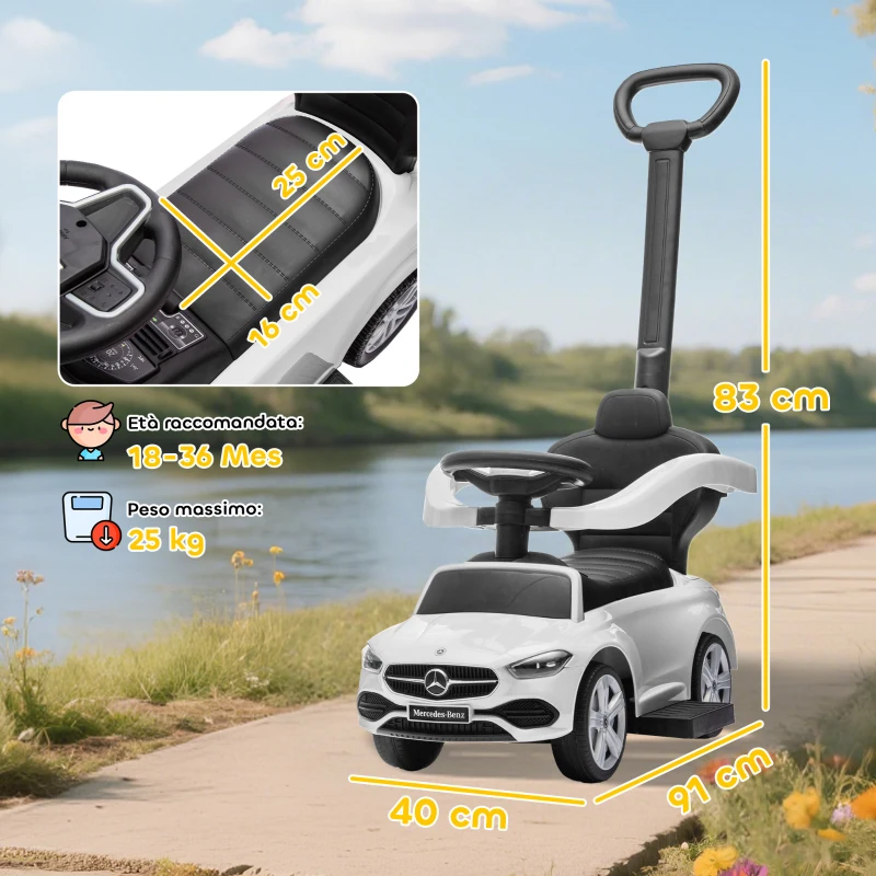 AIYAPLAY Macchina Cavalcabile per Bambini 1-3 Anni convertibile in Passeggino con Licenza Mercedes, 91x40x83 cm, Bianco