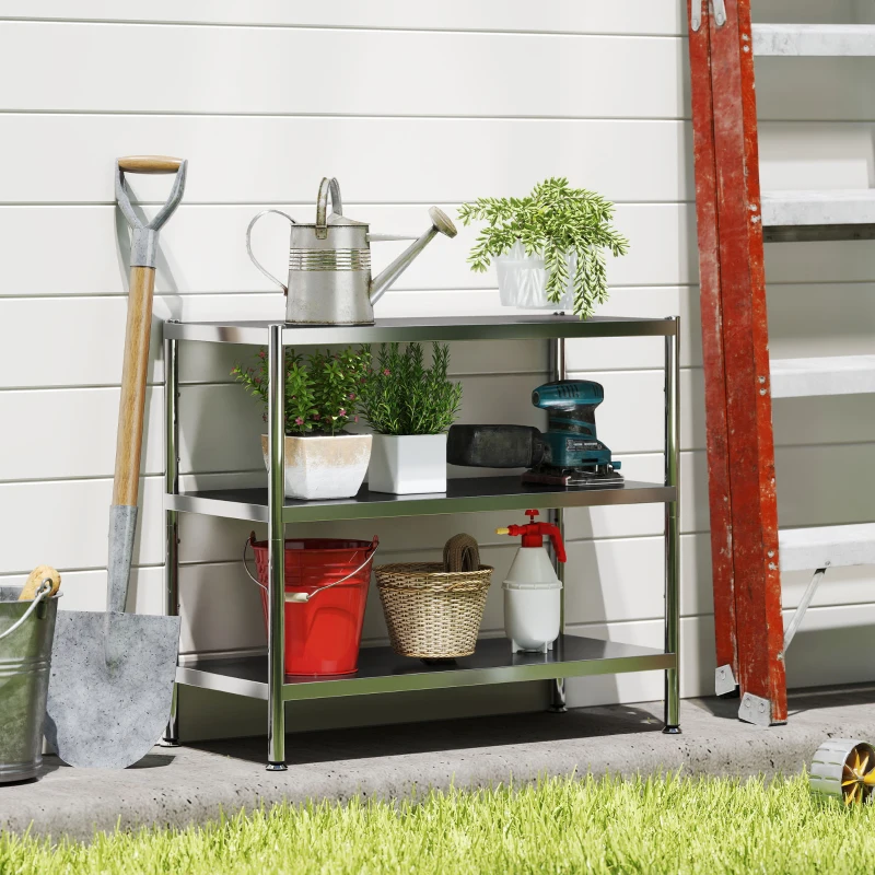 HOMCOM 3-Tier Bakers Rack with Storage, Stainless Steel Microwave Stand with Adjustable Shelves for Small Spaces, Kitchen Storage Unit for Spices, Pots and Pans, Silver Tone