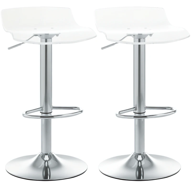 HOMCOM Set of 2 Contemporary Bar Stools with Acrylic Seat and Metal Base - 360° Swivel - Height Adjustable with Footrest - Transparent