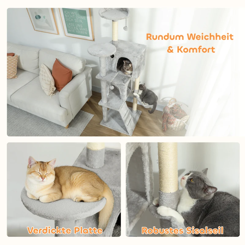 PawHut 160 cm Katzenkratzbaum, mehrere Ebenen, Sisal-Kratzpfosten, Höhlen, Plüsch-Plattformen, Hängematte, Leiter, Spielbälle
