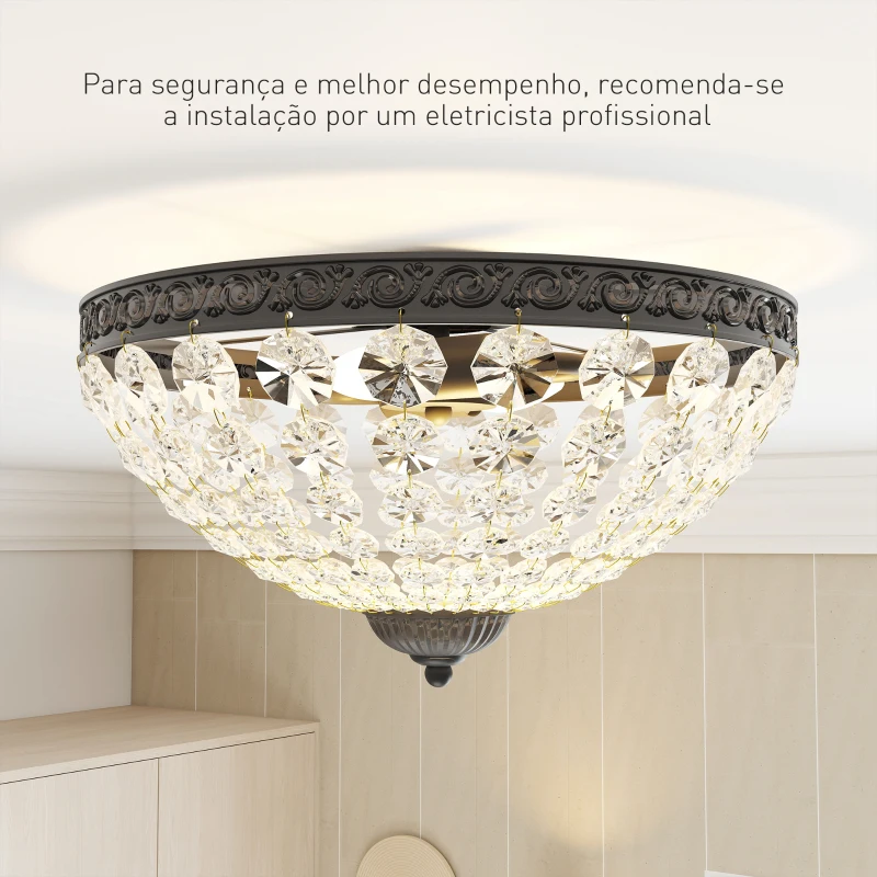 HOMCOM Candeeiro de Teto de Cristal Clássico com 2 Suportes E14 40W Candeeiro de Teto Vintage com 168 Contas de Cristal Ø35x22 cm Preto