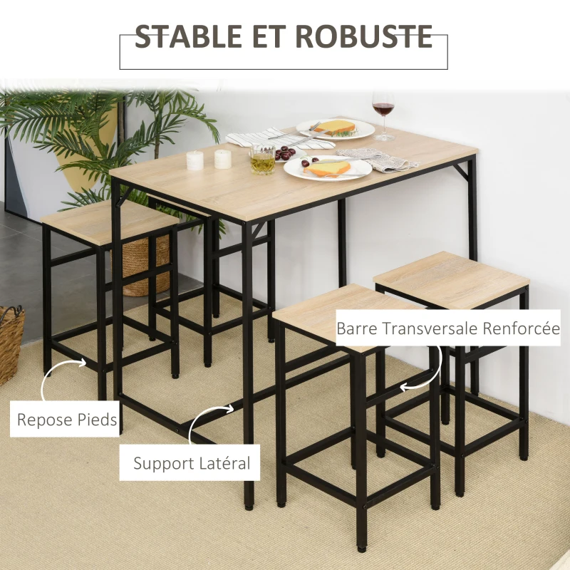 HOMCOM Ensemble Table de Bar Industriel + 4 tabourets Repose-Pieds en Bois couleur Chêne Clair Cadre en métal Noir