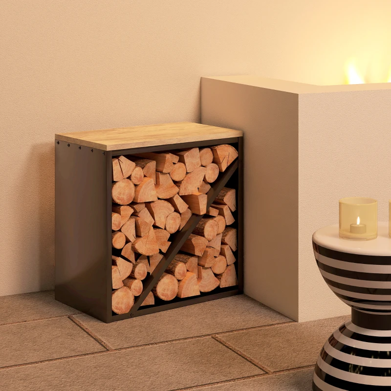 Outsunny 2-in-1 Indoor Firewood Rack 58 x 36 x 60cm Elevated Log Rack with Divider Metal Black