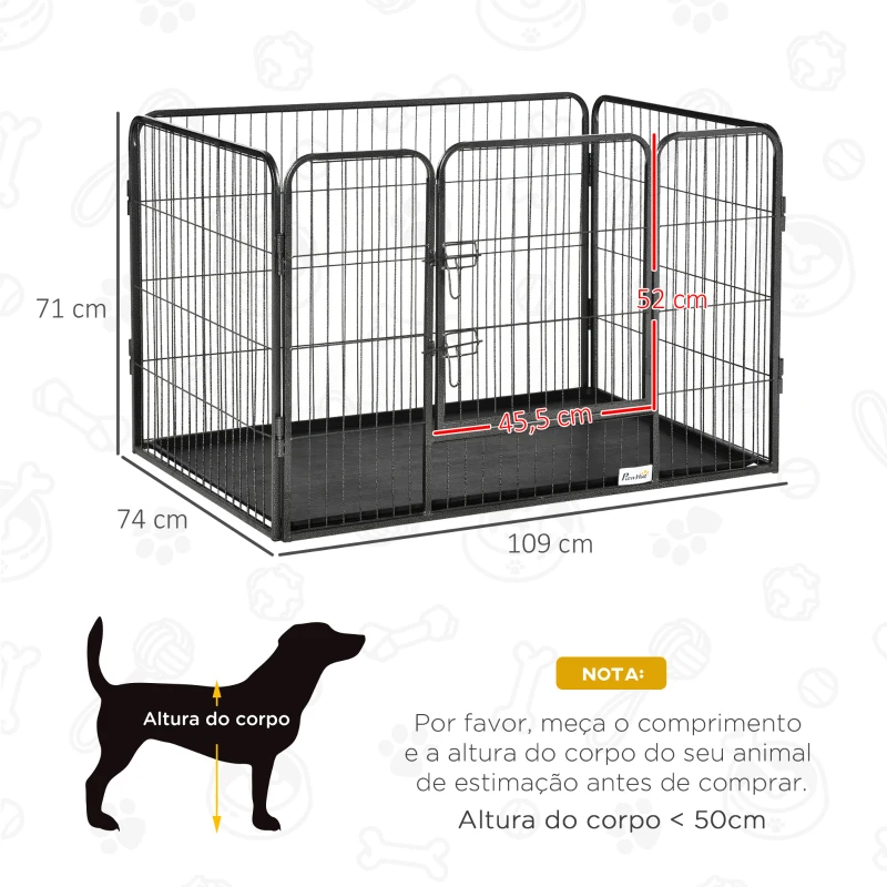 PawHut Barreira de Segurança para Animais de Estimação Parque de Diversão para Animais com 4 Painéis de Aço 109x74x71cm com Porta de Trava Dupla e Bandeja Removível para Exterior Interior Cinza