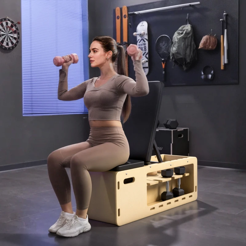 HOMCOM Weight bench with dumbbell rack, 1 storage basket, adjustable in 6 positions, solid wood, natural + black