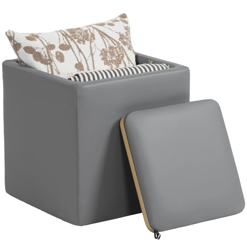 HOMCOM Storage Ottoman with Lid, Square Footstool Cube, Faux Leather, 40 x 40 x 40 cm, Gray