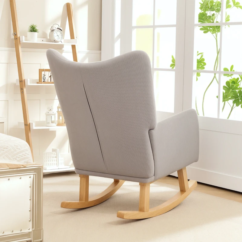 HOMCOM Retro-style rocking chair, cord upholstery, rubberwood, foam filling, high back, upholstered chair, Light Gray
