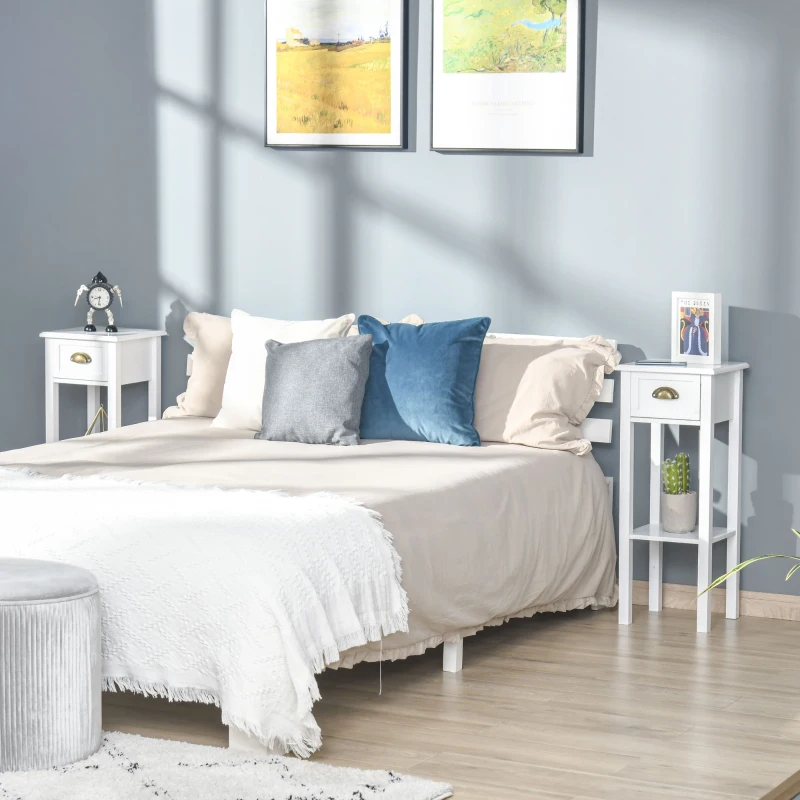 HOMCOM Set of 2 Side Tables End Table Pedestal - drawer, shelf - dim. 30L x 30l x 75H cm - shell handles Aged Brass MDF White