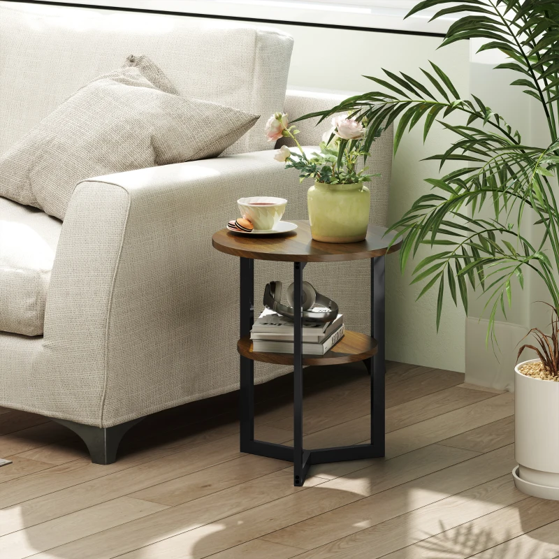 HOMCOM Round Side Table, Industrial End Table with Storage Shelves and Steel Frame, Ø 40 x 48 cm, Brown