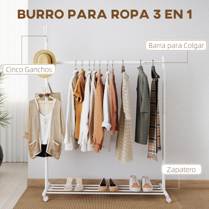 HOMCOM Burro para Ropa con Ruedas 5 Ganchos Barra para Colgar y Balda Inferior para Recibidor Entrada 120x43x171 cm Blanco