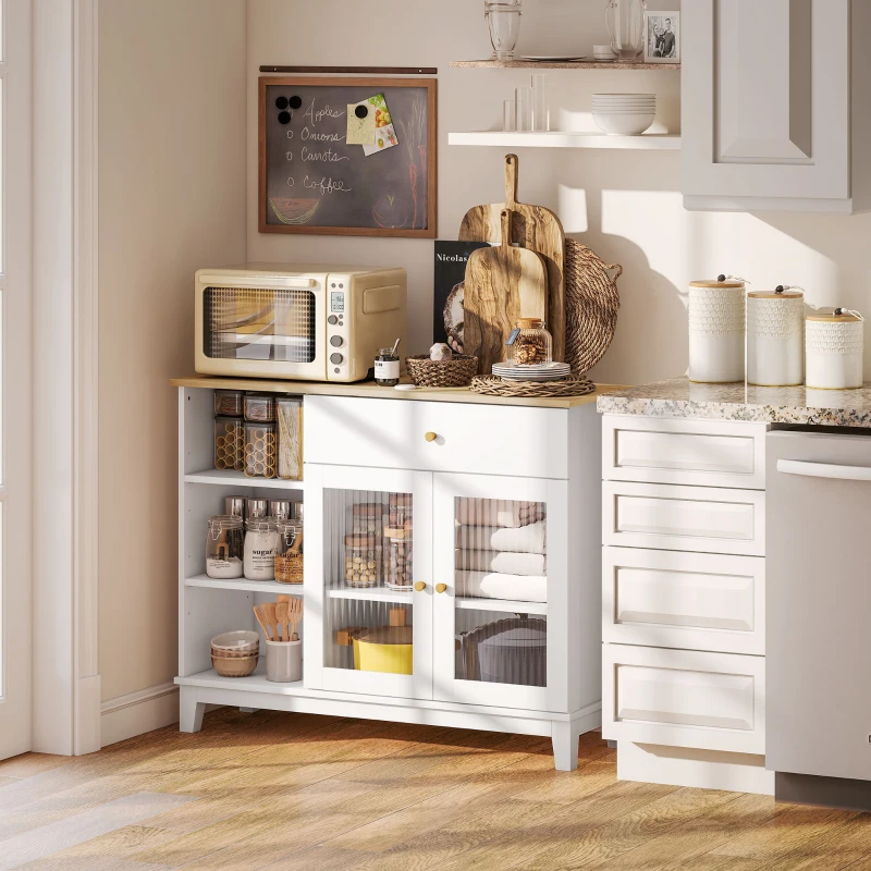 HOMCOM Sideboard with grooved tempered glass doors, drawer, 3 open compartments and adjustable shelves, white