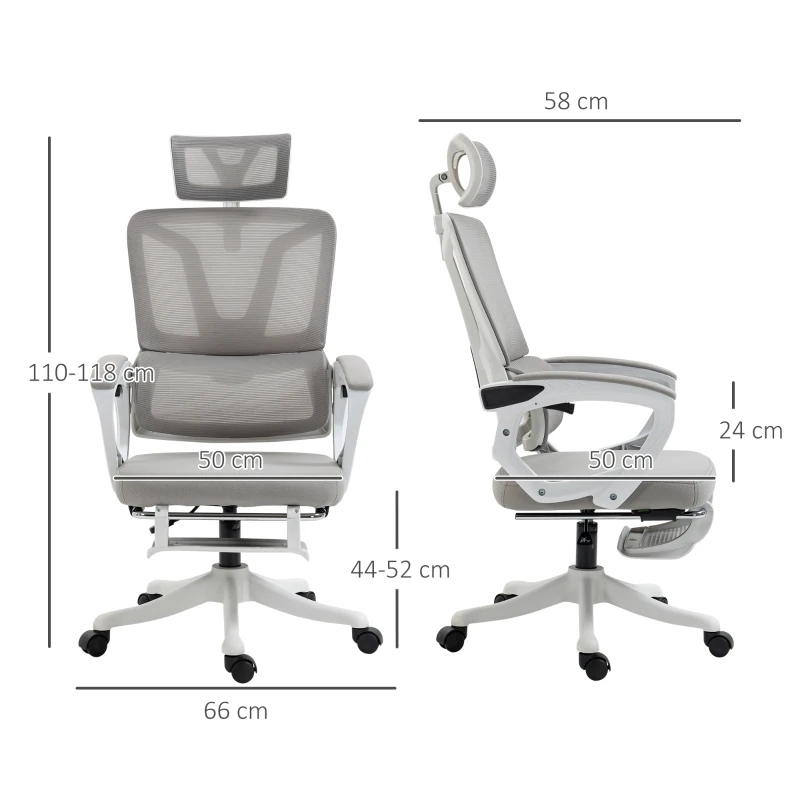 Vinsetto Office chair adjustable backrest retractable footrest adjustable headrest lumbar support mesh fabric white and gray