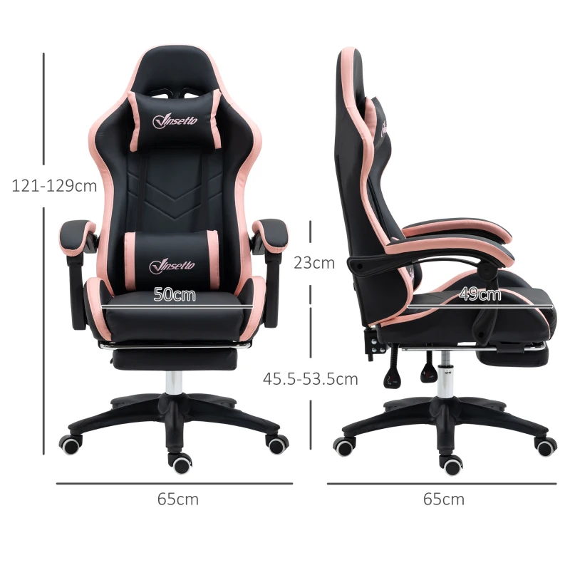 Vinsetto Gaming chair ergonomic gaming armchair with 135° reclining backrest and lumbar support, 65 x 65 x 121-129 cm pink