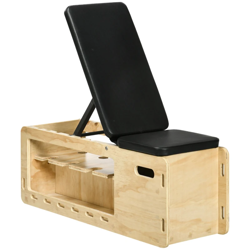 HOMCOM Weight bench with dumbbell rack, 1 storage basket, adjustable in 6 positions, solid wood, natural + black