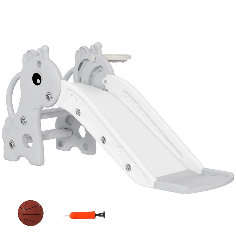 AIYAPLAY 3 in 1 Kids Slide with Climber, Basketball Hoop and Ball, Giraffe Shape Climber Slide for Indoor Kids Age 1-3, Grey