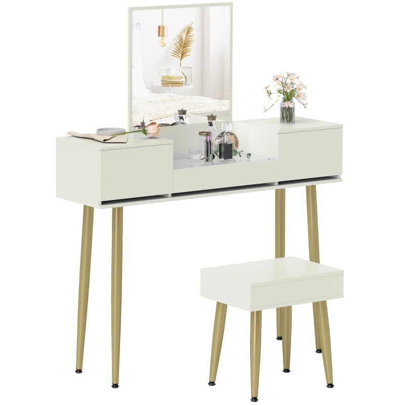 HOMCOM Vanity with mirror and stool with 3 drawers and metal legs, tempered glass top, white