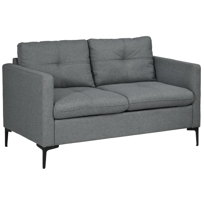 HOMCOM Contemporary 2-Seater Sofa Black Metal Legs Dark Grey Linen-Look Fabric