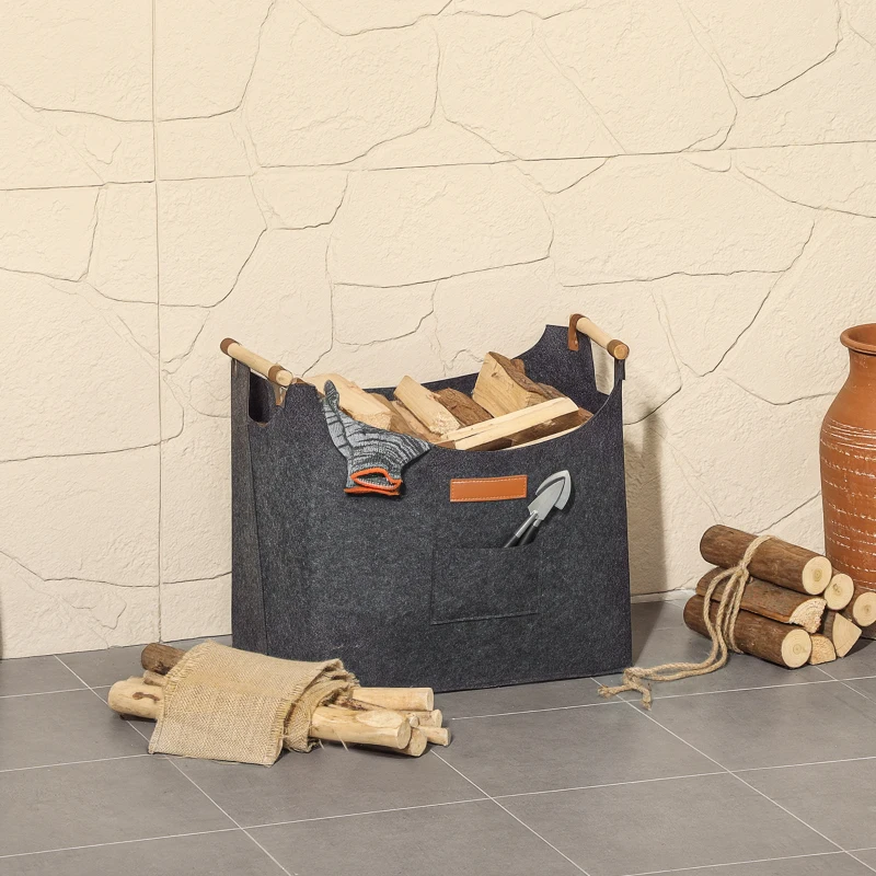 Outsunny Borsa in Feltro Portalegna da Interno con Manici in Legno, Capacità 15 kg, 45x32x40 cm, Grigio