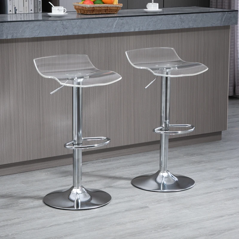HOMCOM Set of 2 Contemporary Bar Stools with Acrylic Seat and Metal Base - 360° Swivel - Height Adjustable with Footrest - Transparent