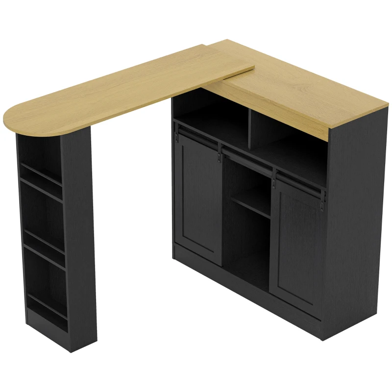 HOMCOM Extendable bar table, convertible to L-shape, plenty of storage, 3 adjustable shelves, particleboard, MDF, black