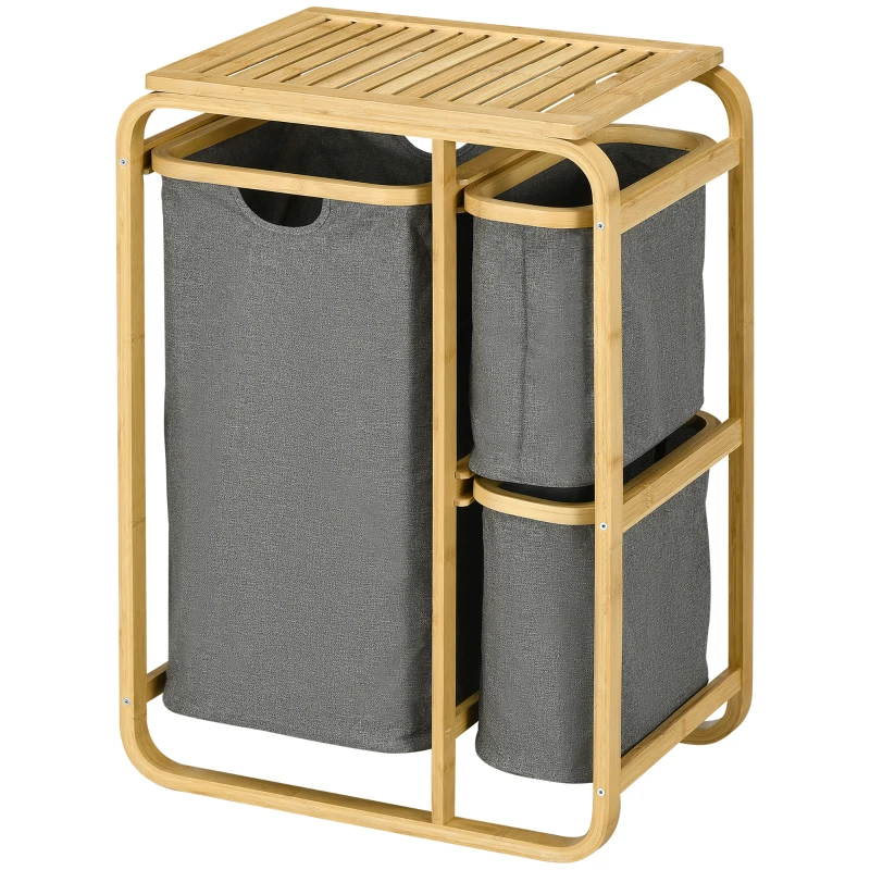 HOMCOM Bamboo laundry basket storage bin laundry hamper with 3 baskets - 49l x 33P x 70H cm gray