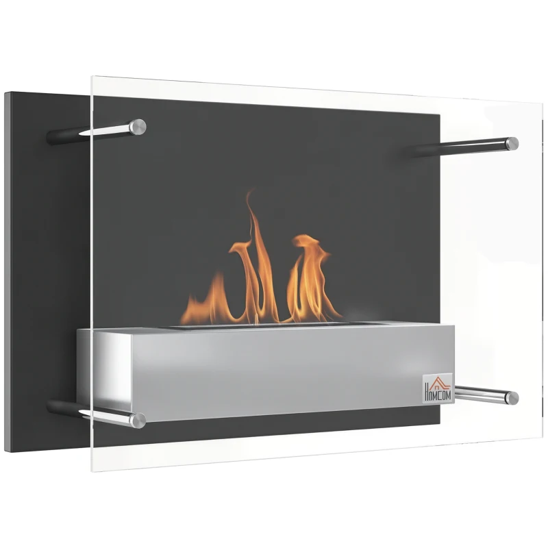 HOMCOM Wall-mounted Built-In Bioethanol Fireplace, 0.9 L Burner, approx. 3 h Burn Time, 60L x 22l x 40H cm, black