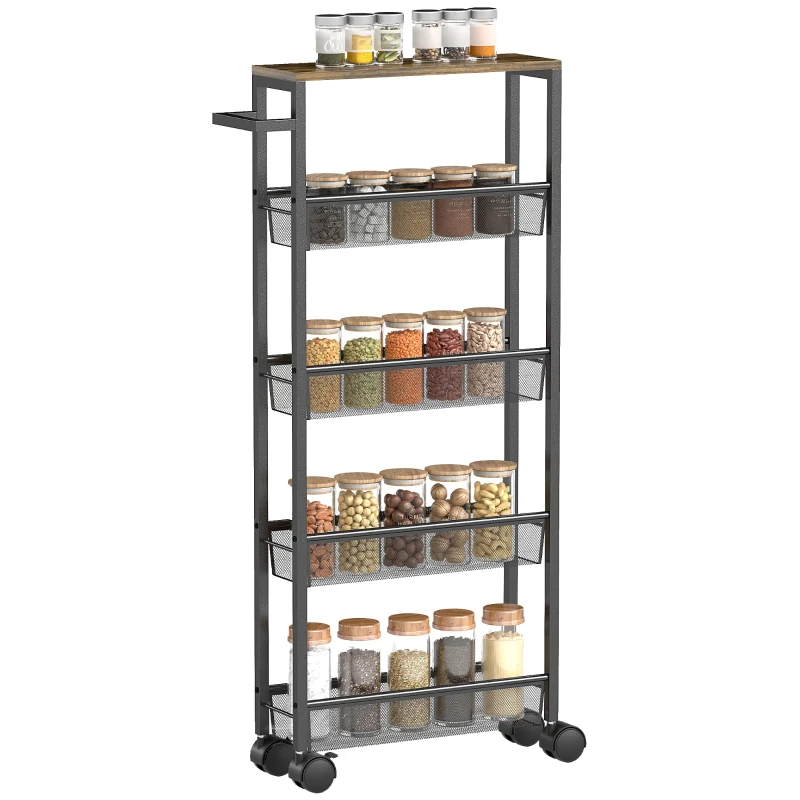 HOMCOM Desserte de cuisine à 5 niveaux, chariot étroit étagère de cuisine avec plan de travail, roulettes poignée 47 x 13 x 96,5 cm, Noir