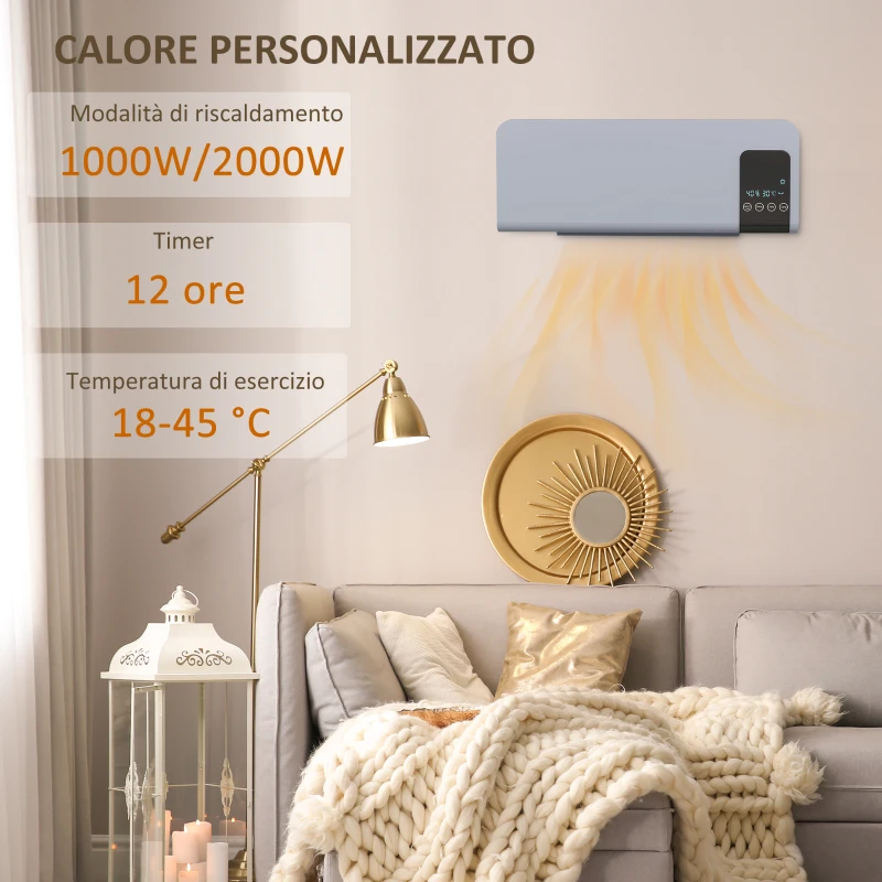 HOMCOM Termoventilatore da Parete Oscillante con Telecomando, Timer 12h e 2 Modalità, 54.5x12x21.5 cm, Grigio