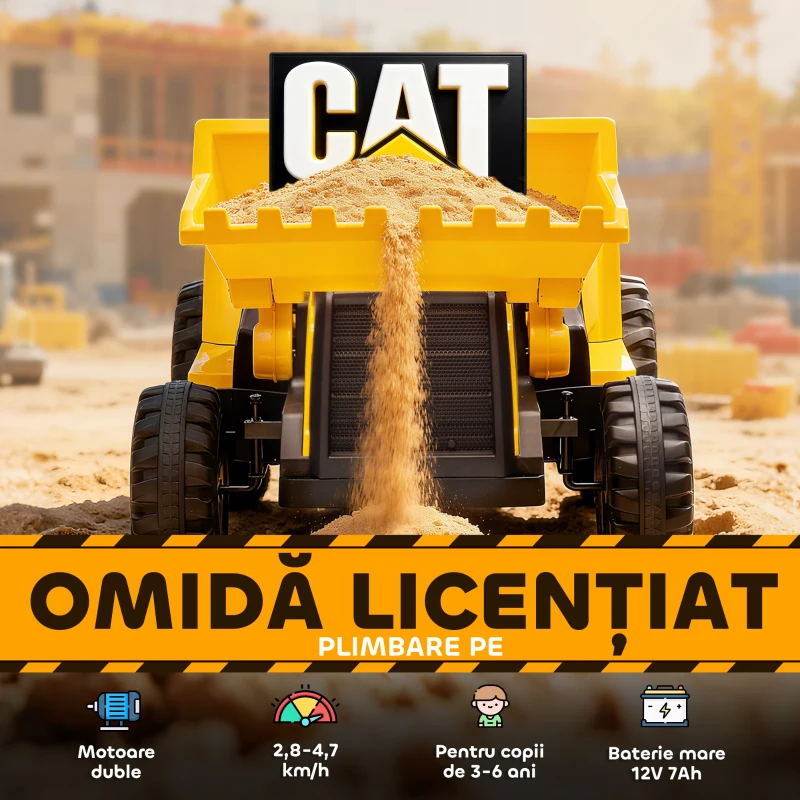 AIYAPLAY Ruspa Electrică pentru Copii 3-6 Ani Marca Oficială Caterpillar 12V cu Telecomandă, Galben
