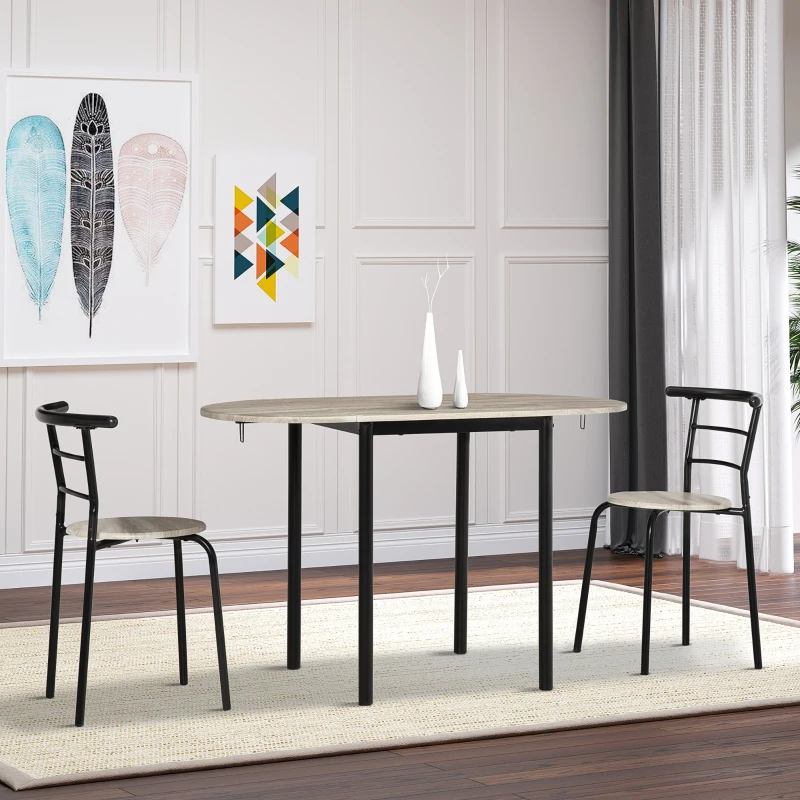 HOMCOM Extendable Oval Table and 2 Chairs Set - Drop-Leaf Table - Metal and MDF - Black and Natural