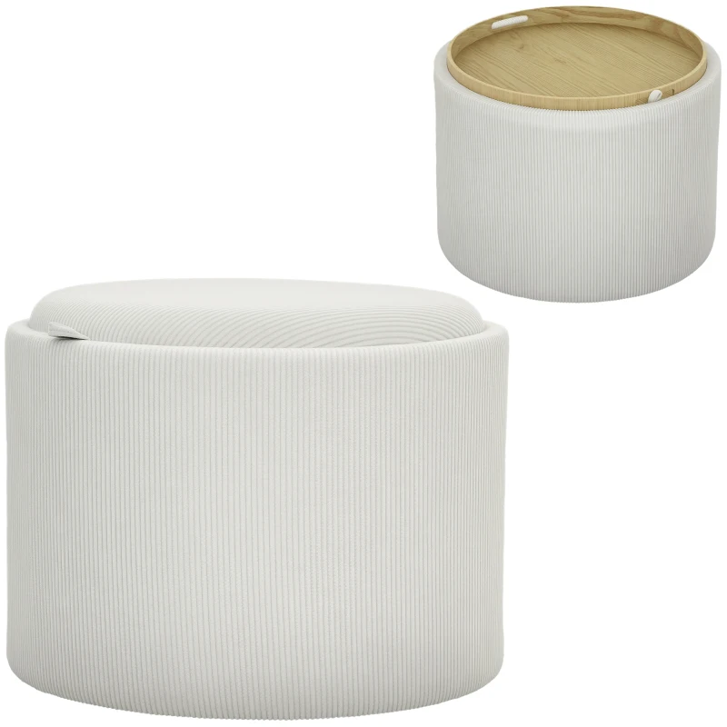HOMCOM Storage Ottoman with Storage, Round, Footrest, Cord Fabric, MDF, Creme White