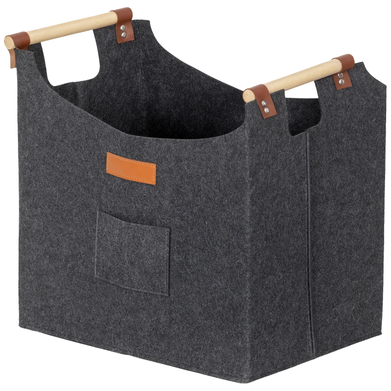 Outsunny Borsa in Feltro Portalegna da Interno con Manici in Legno, Capacità 15 kg, 45x32x40 cm, Grigio