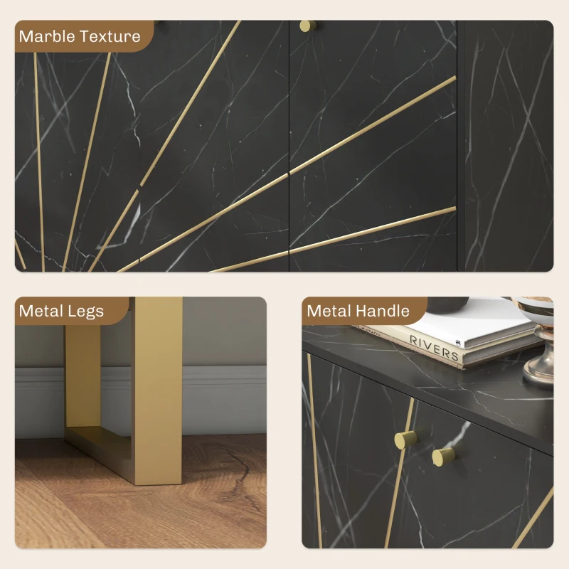 HOMCOM Sideboard Storage Cabinet, Modern Storage Cupboard with Adjustable Shelves and Metal Legs for Living Room, Kitchen, Dining Room, Entryway, Black Marble Tone