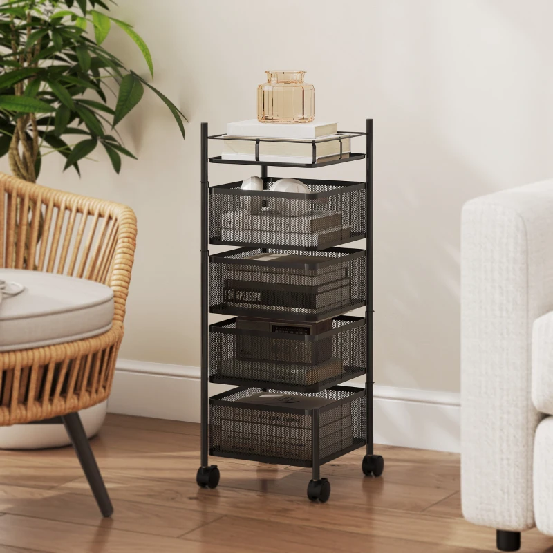 HOMCOM 5-Tier Kitchen Rolling Cart, 4 Rotating Baskets, Shelf, 27.5x27.5x77cm, Black
